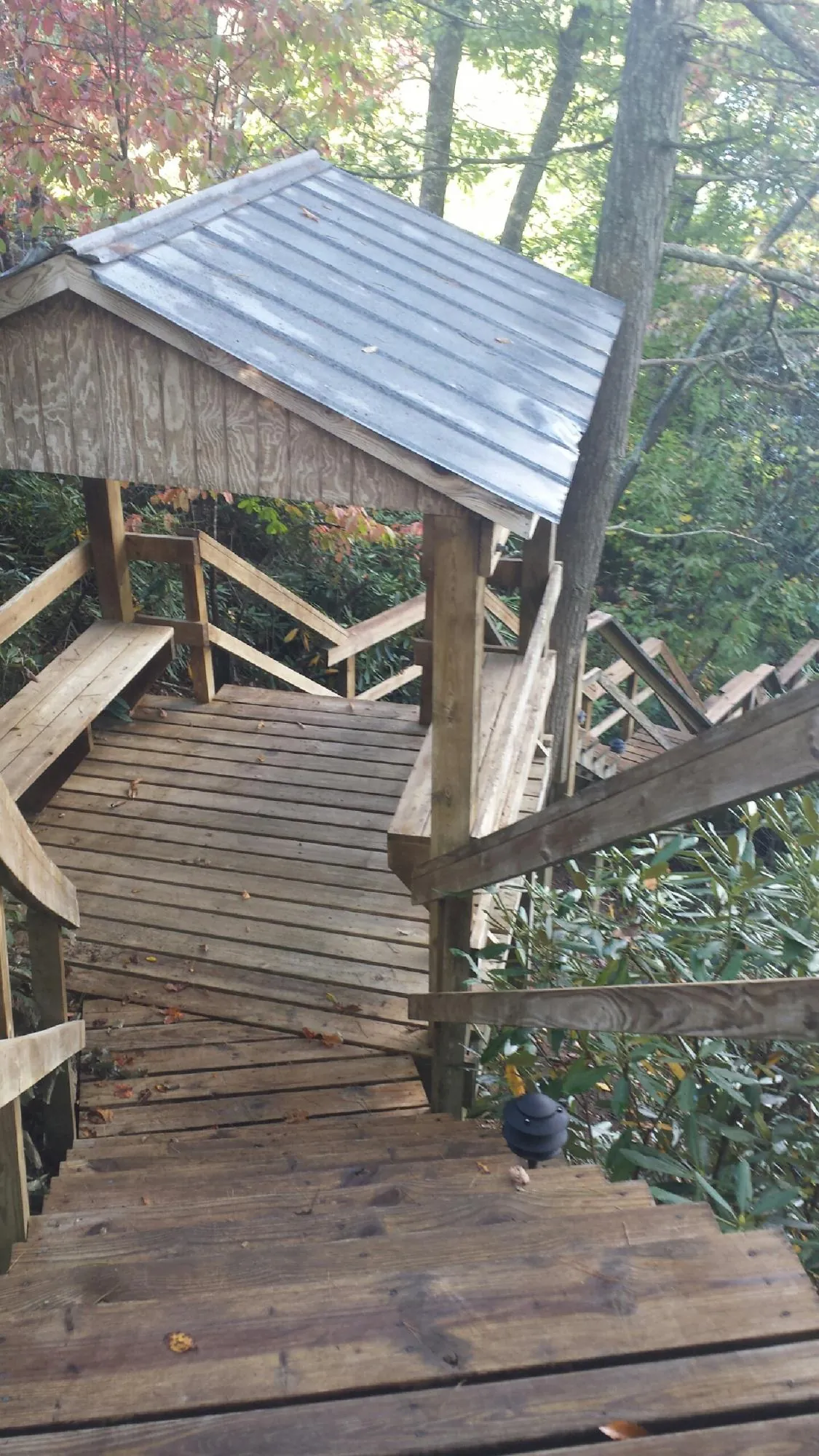 Metal roofed shelter over wooden steps on a wooded walkway — Skylight Repair & Installation work by our crew in Hornell